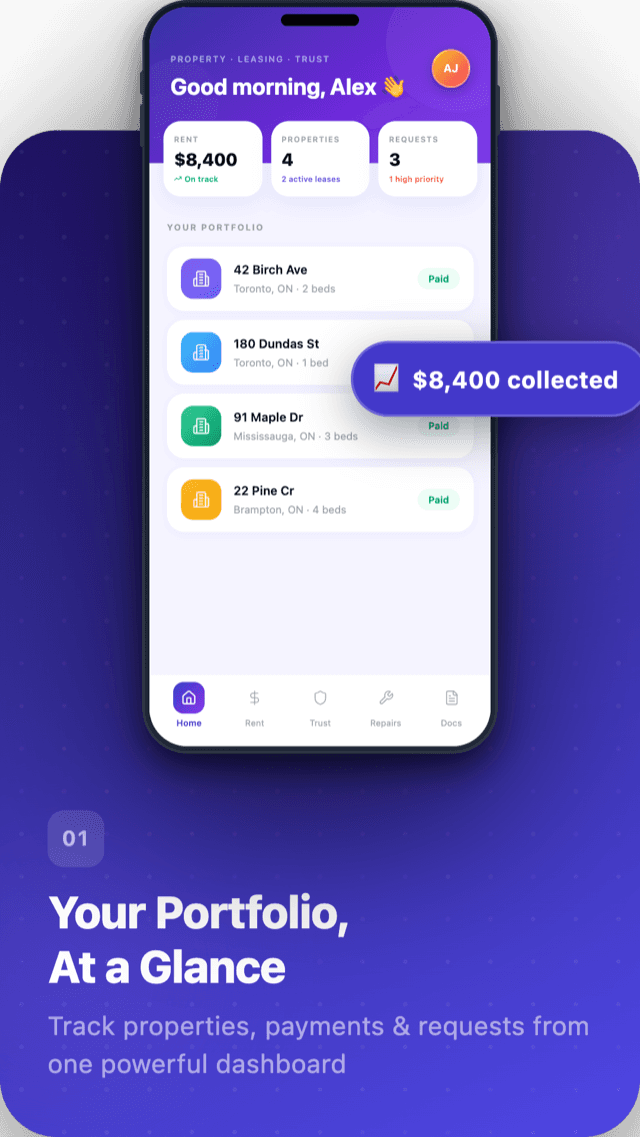 Habyn for Android dashboard showing a property portfolio, rent collected, and recent activity