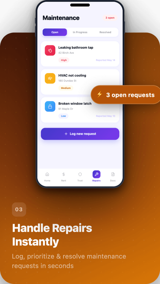 Habyn for Android maintenance screen with repair requests and status