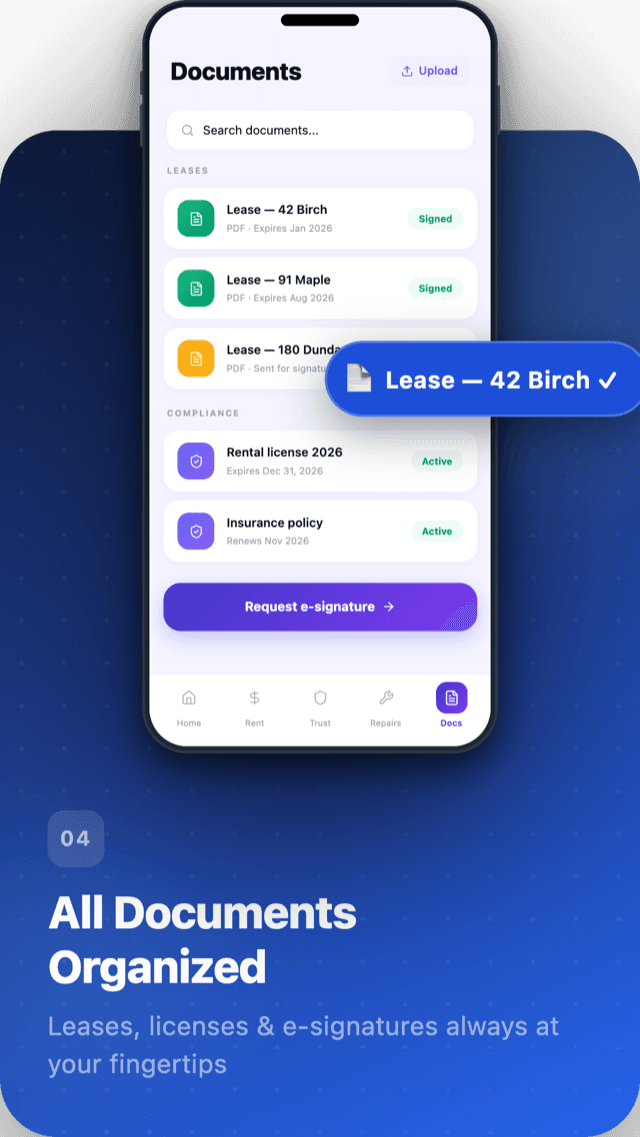 Habyn for Android documents screen with leases and files by property