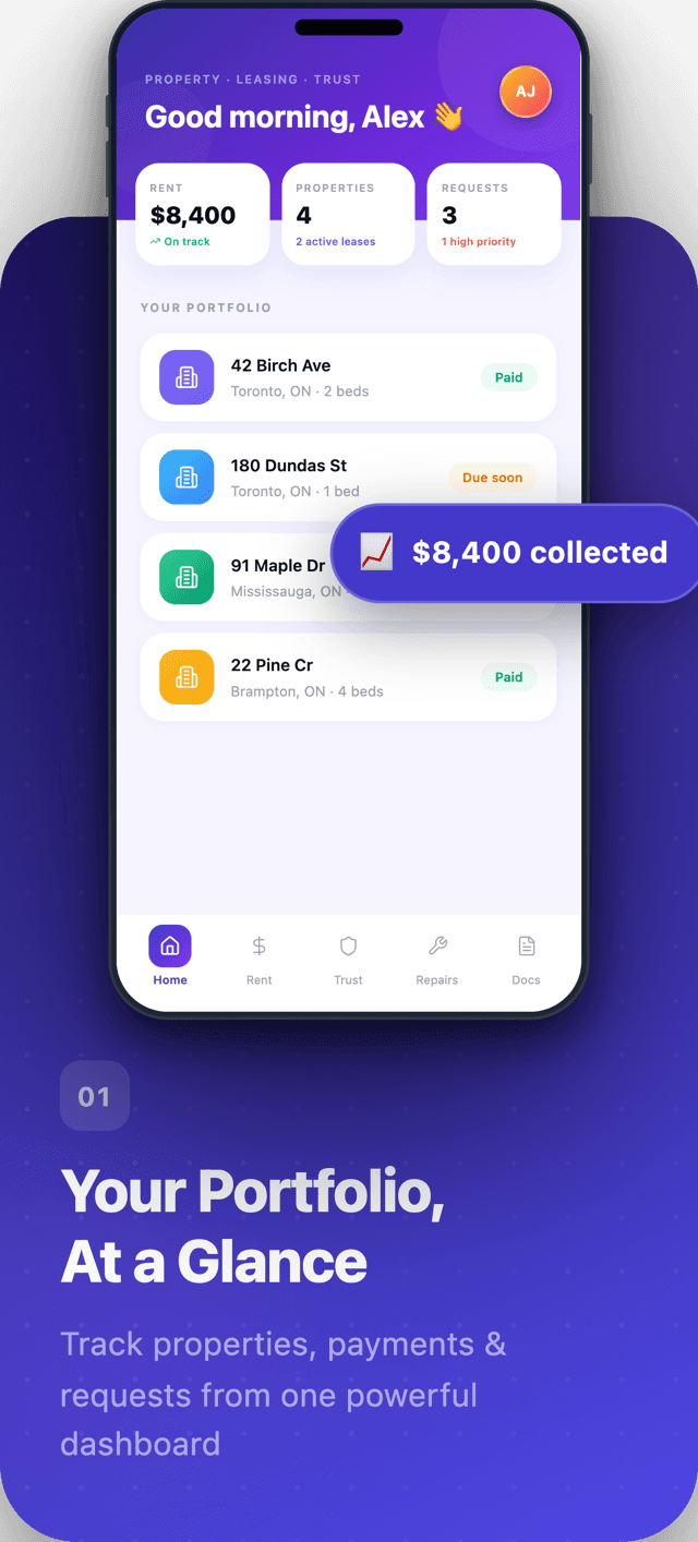 Habyn for iOS dashboard showing a property portfolio, rent collected, and recent activity