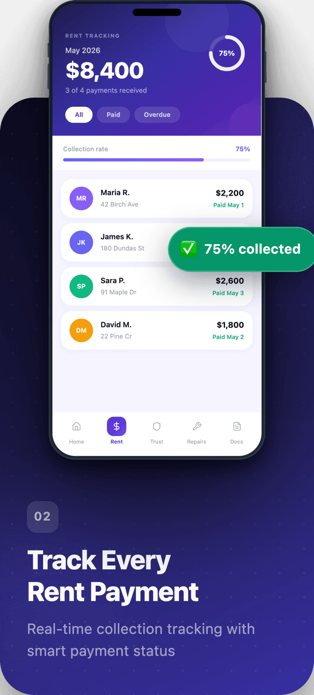 Habyn for iOS rent tracking screen with payment status per unit