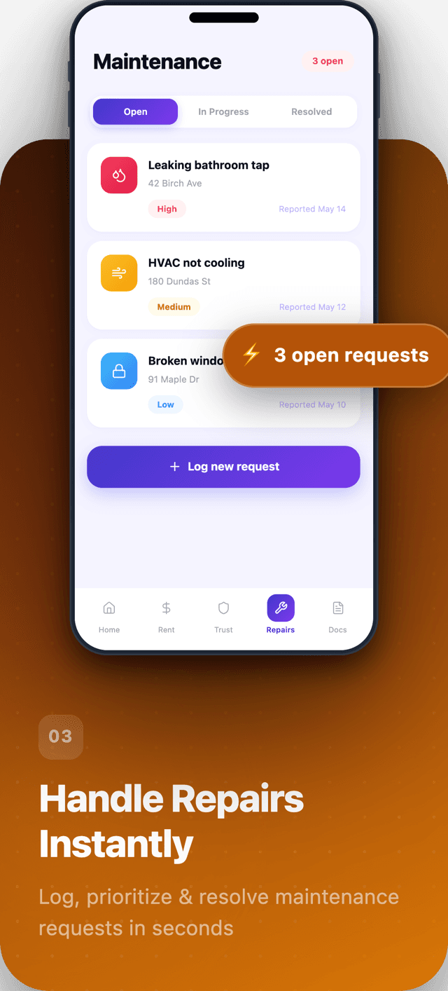 Habyn for iOS maintenance screen with repair requests and status
