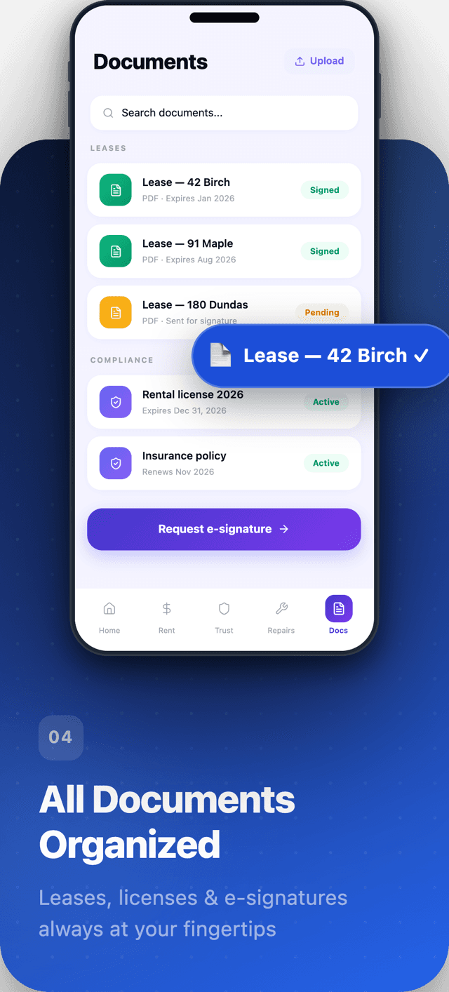 Habyn for iOS documents screen with leases and files by property